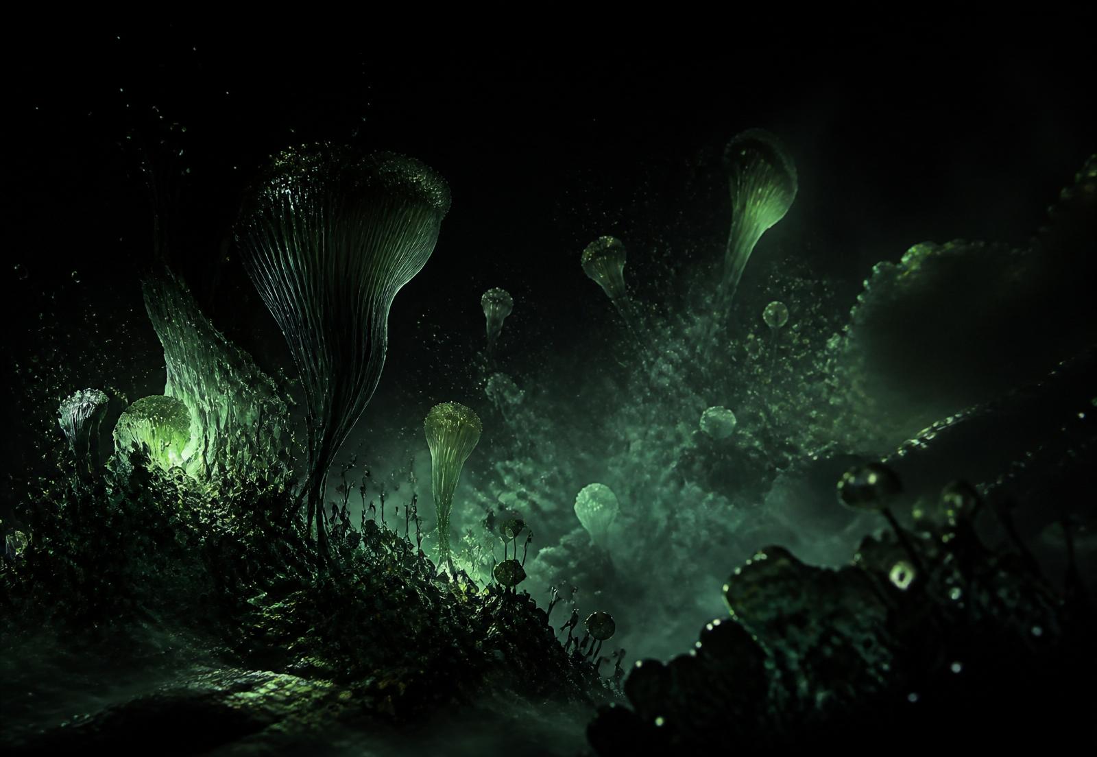 Otherworldly glowing fungal landscape