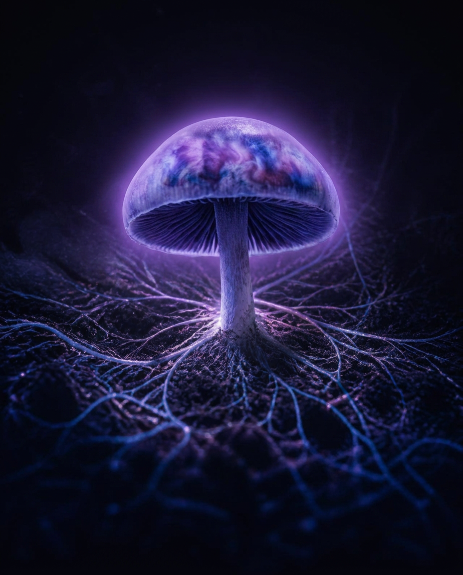 A single glowing mushroom rooted in mycelium